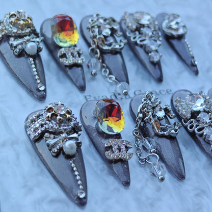 Smoky Crystal Cathedral Nails – Grey Ombre Press-On Nails with Gothic Jewelry & Chain Accents | Luxury Baroque Nails by Evadia Grace
