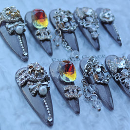 Smoky Crystal Cathedral Nails – Grey Ombre Press-On Nails with Gothic Jewelry & Chain Accents | Luxury Baroque Nails by Evadia Grace