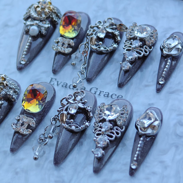 Smoky Crystal Cathedral Nails – Grey Ombre Press-On Nails with Gothic Jewelry & Chain Accents | Luxury Baroque Nails by Evadia Grace