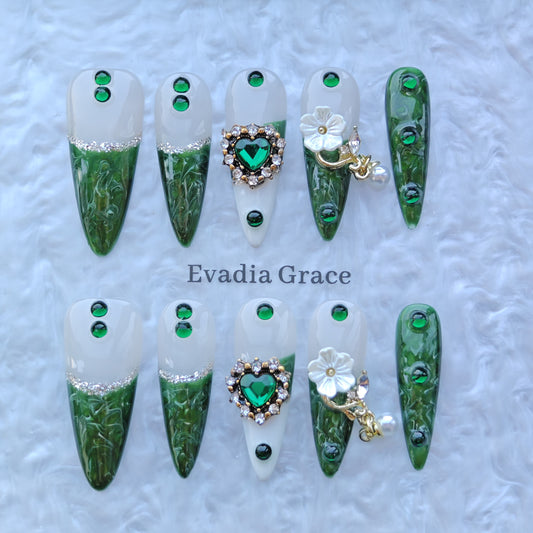 Emerald Castle Nails – Green Marble Jewel Press-On Nails with Pearl Flower Charms | Luxury Vintage Princess Nails by Evadia Grace