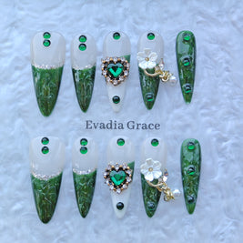 Emerald Castle Nails – Green Marble Jewel Press-On Nails with Pearl Flower Charms | Luxury Vintage Princess Nails by Evadia Grace