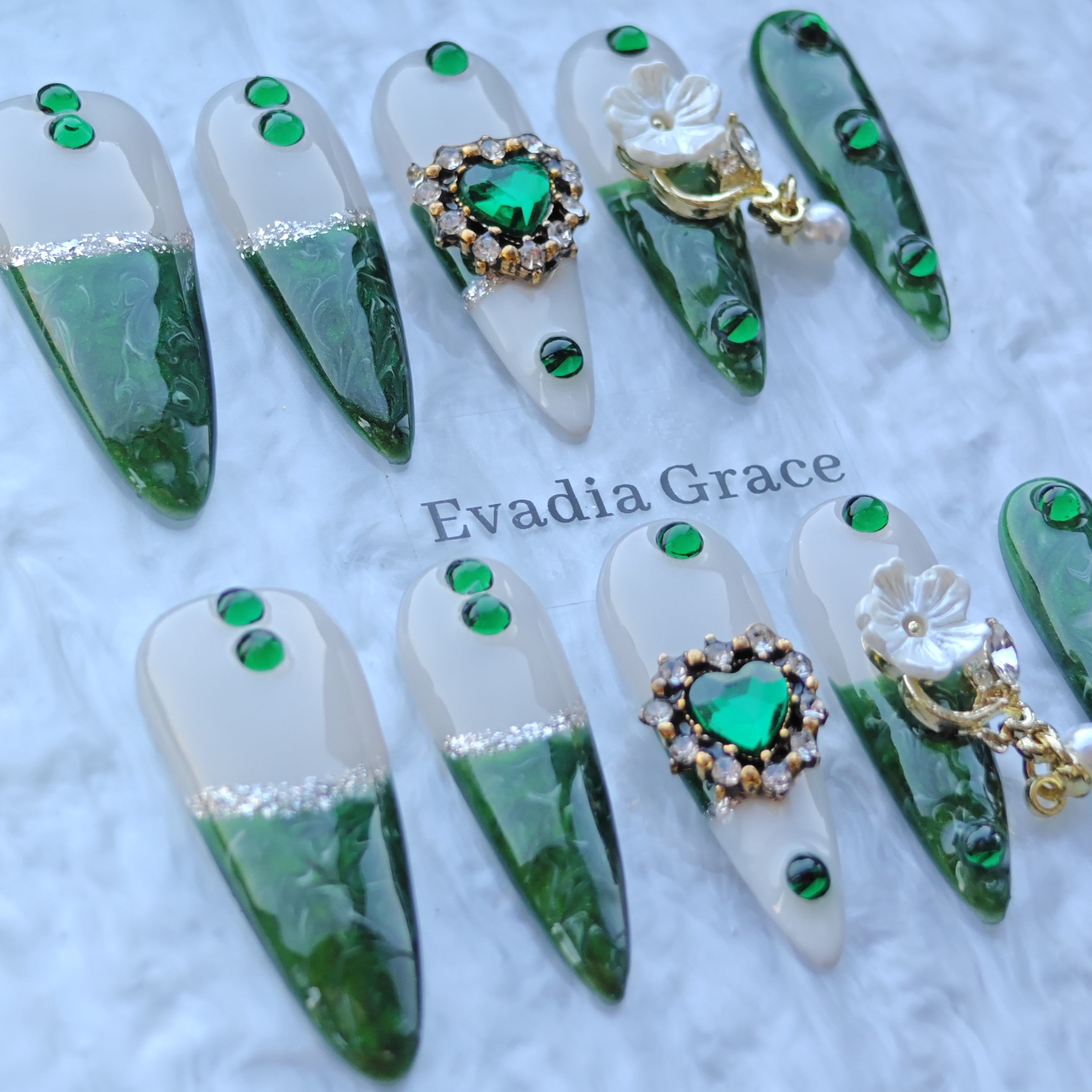 Emerald Castle Nails – Green Marble Jewel Press-On Nails with Pearl Flower Charms | Luxury Vintage Princess Nails by Evadia Grace