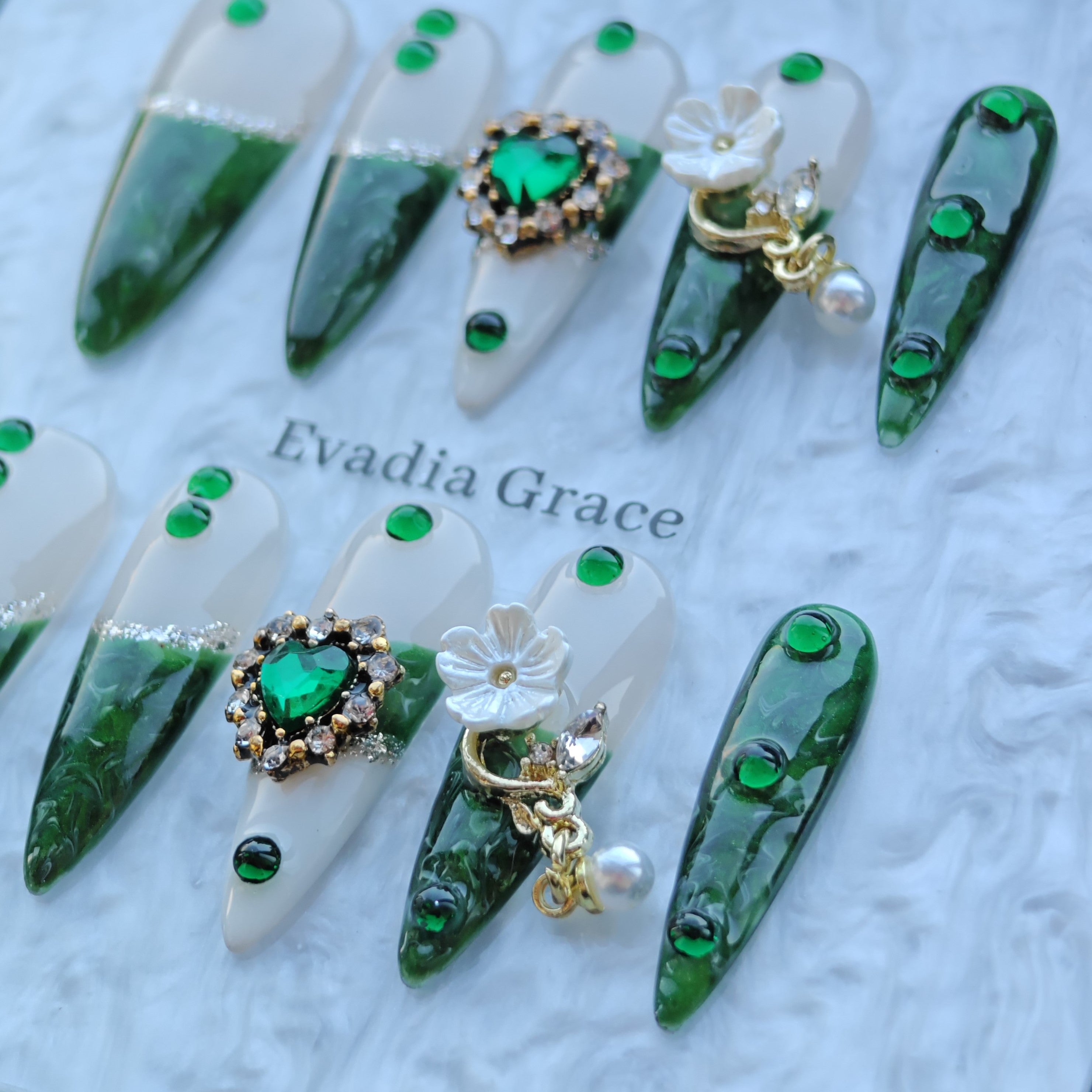 Emerald Castle Nails – Green Marble Jewel Press-On Nails with Pearl Flower Charms | Luxury Vintage Princess Nails by Evadia Grace