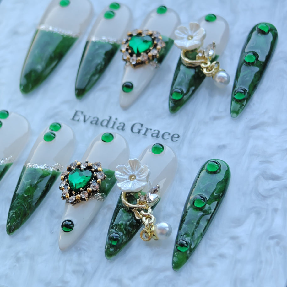 Emerald Castle Nails – Green Marble Jewel Press-On Nails with Pearl Flower Charms | Luxury Vintage Princess Nails by Evadia Grace