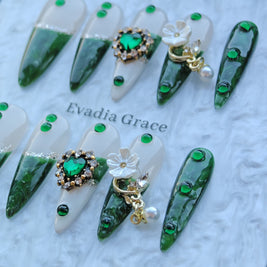 Emerald Castle Nails – Green Marble Jewel Press-On Nails with Pearl Flower Charms | Luxury Vintage Princess Nails by Evadia Grace