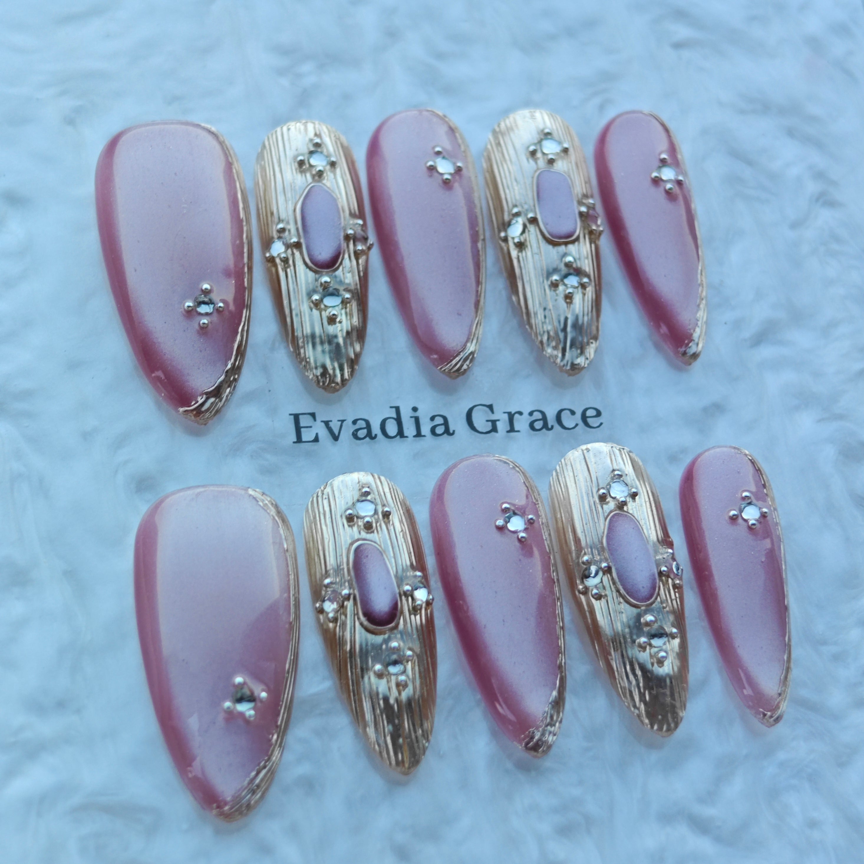 Rose Blush Gold Accent Nails – Pink Nude Luxury Press-On Nails with Metallic Gold Details | Elegant Designer Press On Nails by Evadia Grace