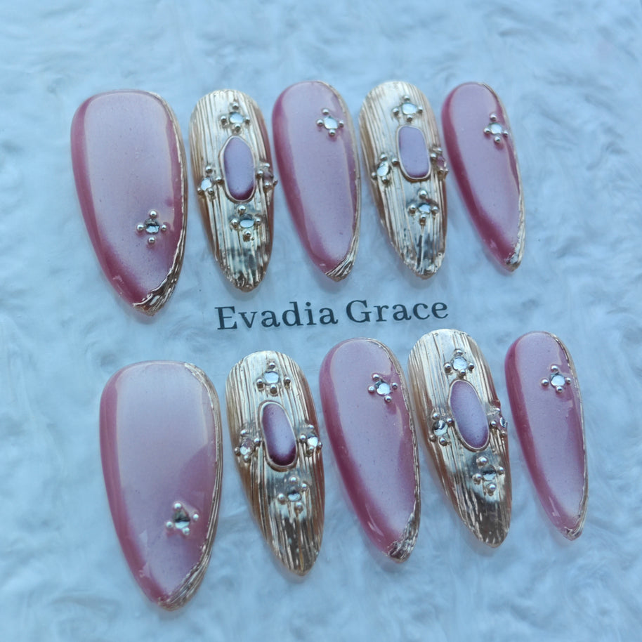 Rose Blush Gold Accent Nails – Pink Nude Luxury Press-On Nails with Metallic Gold Details | Elegant Designer Press On Nails by Evadia Grace