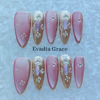 Rose Blush Gold Accent Nails – Pink Nude Luxury Press-On Nails with Metallic Gold Details | Elegant Designer Press On Nails by Evadia Grace