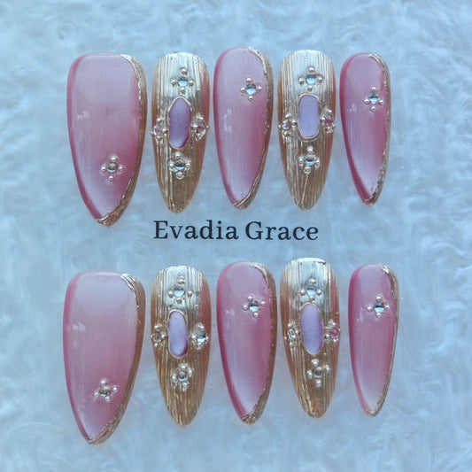 Rose Blush Gold Accent Nails – Pink Nude Luxury Press-On Nails with Metallic Gold Details | Elegant Designer Press On Nails by Evadia Grace