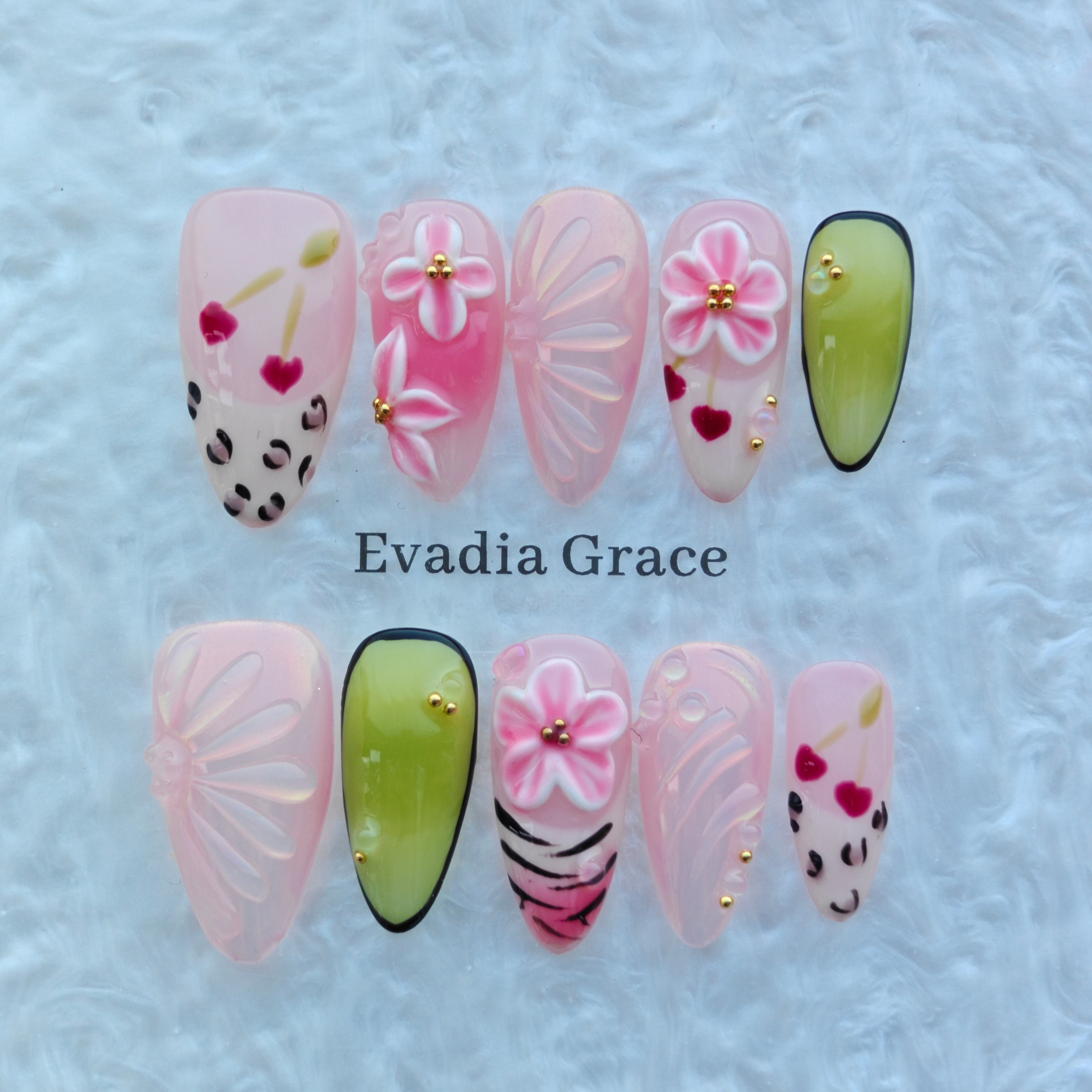 Blossom Garden Jelly Nails – Pink Floral Press-On Nails with 3D Flower Art & Glossy Jelly Finish | Luxury Cute Press On Nails by Evadia Grace