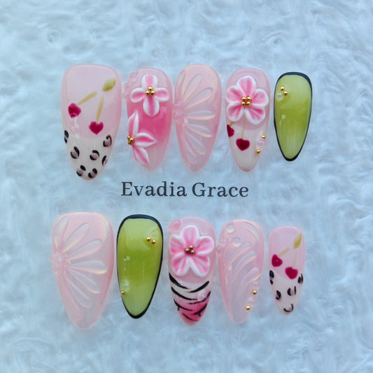 Blossom Garden Jelly Nails – Pink Floral Press-On Nails with 3D Flower Art & Glossy Jelly Finish | Luxury Cute Press On Nails by Evadia Grace