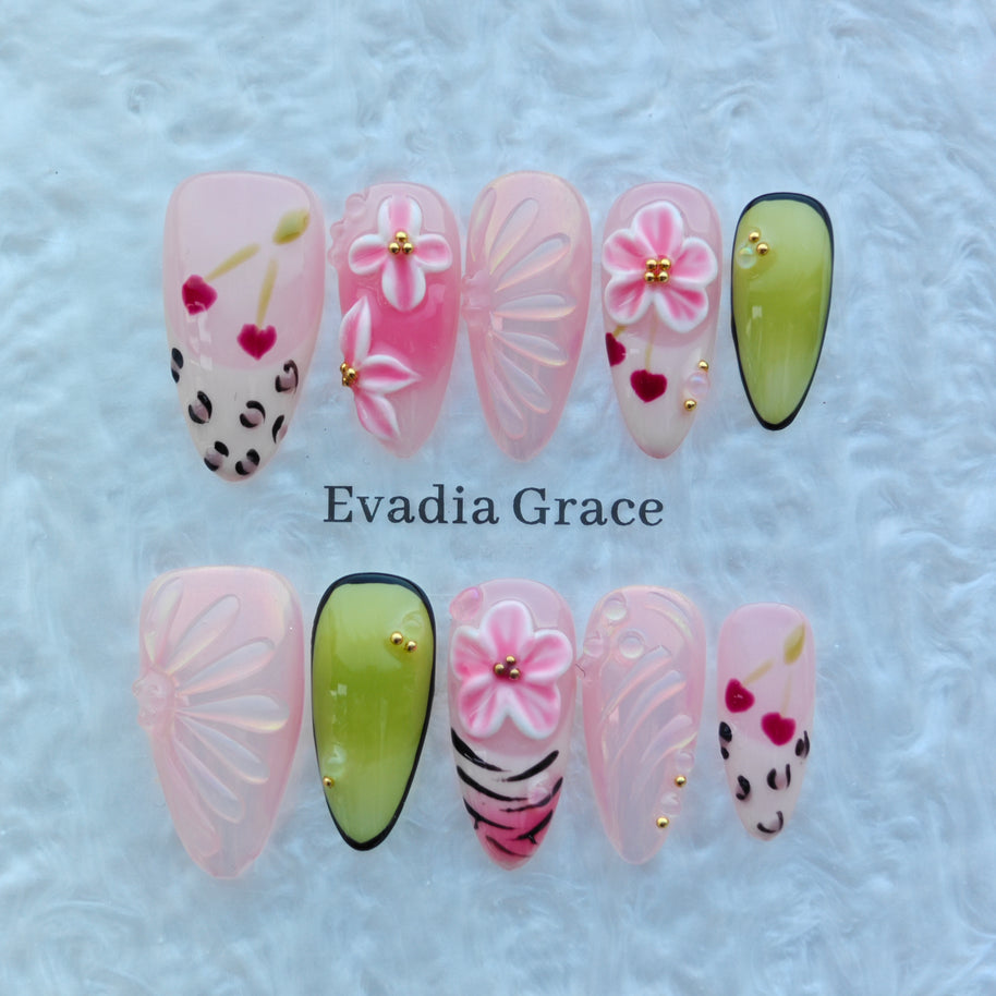 Blossom Garden Jelly Nails – Pink Floral Press-On Nails with 3D Flower Art & Glossy Jelly Finish | Luxury Cute Press On Nails by Evadia Grace