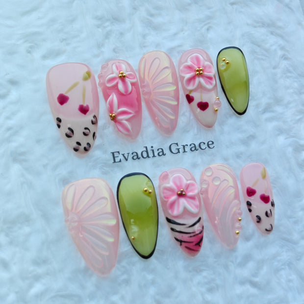 Blossom Garden Jelly Nails – Pink Floral Press-On Nails with 3D Flower Art & Glossy Jelly Finish | Luxury Cute Press On Nails by Evadia Grace