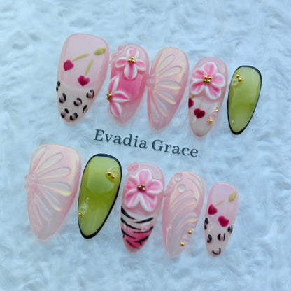 Blossom Garden Jelly Nails – Pink Floral Press-On Nails with 3D Flower Art & Glossy Jelly Finish | Luxury Cute Press On Nails by Evadia Grace