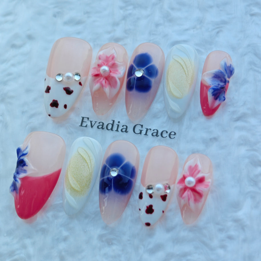 Blush Bloom Garden Nails – 3D Floral Press On Nails with Pearl & Jelly Art | Handmade Luxury Press-On Nails by Evadia Grace