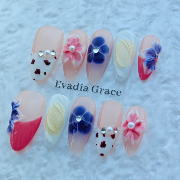 Blush Bloom Garden Nails – 3D Floral Press On Nails with Pearl & Jelly Art | Handmade Luxury Press-On Nails by Evadia Grace