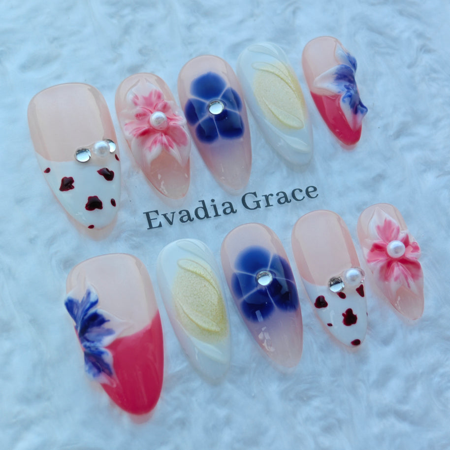 Blush Bloom Garden Nails – 3D Floral Press On Nails with Pearl & Jelly Art | Handmade Luxury Press-On Nails by Evadia Grace