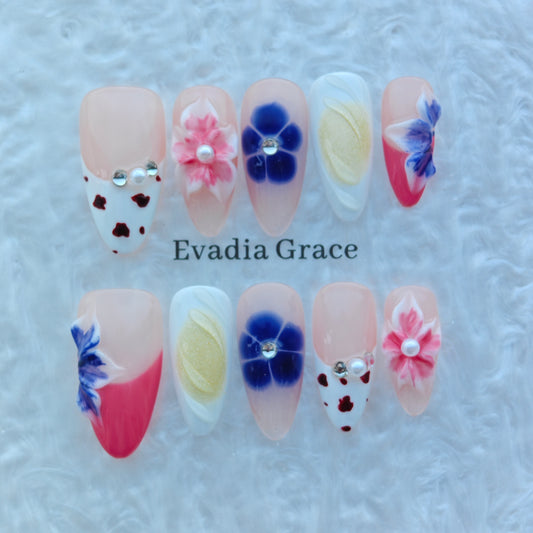 Blush Bloom Garden Nails – 3D Floral Press On Nails with Pearl & Jelly Art | Handmade Luxury Press-On Nails by Evadia Grace