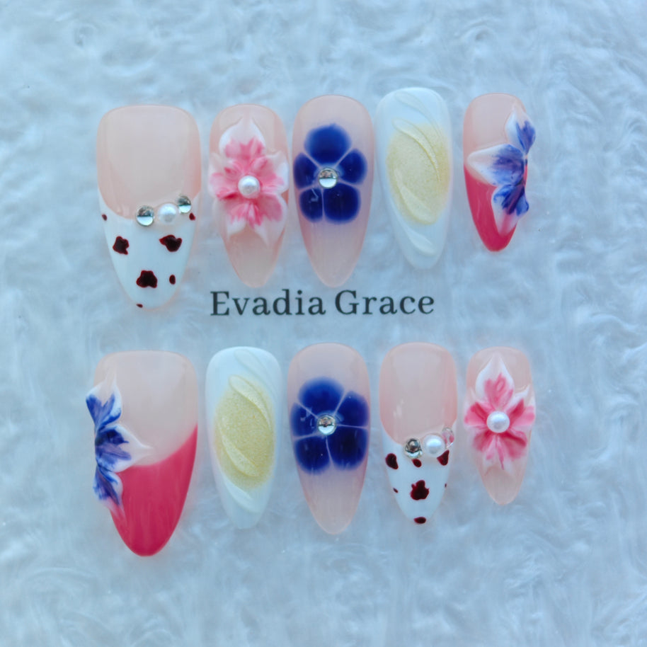 Blush Bloom Garden Nails – 3D Floral Press On Nails with Pearl & Jelly Art | Handmade Luxury Press-On Nails by Evadia Grace