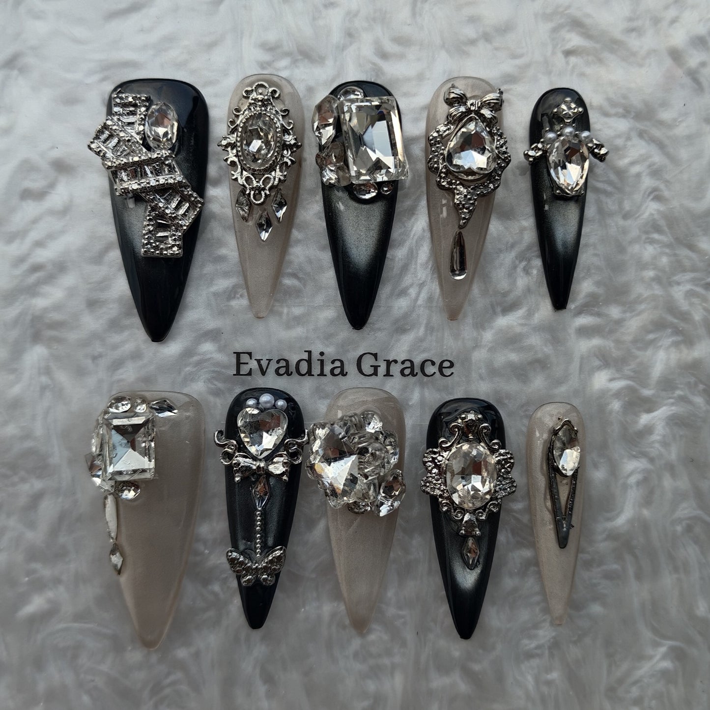 Noir Regalia Luxury Press-On Nails by Evadia Grace – Gothic Black Silver Rhinestone Handmade Reusable Nails