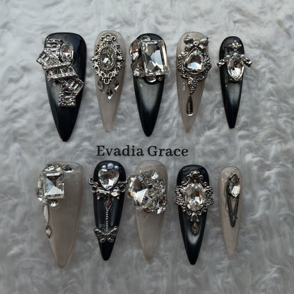 Noir Regalia Luxury Press-On Nails by Evadia Grace – Gothic Black Silver Rhinestone Handmade Reusable Nails