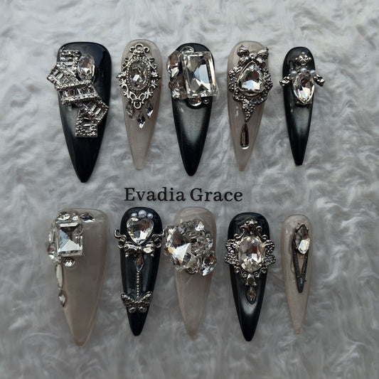 Noir Regalia Luxury Press-On Nails by Evadia Grace – Gothic Black Silver Rhinestone Handmade Reusable Nails