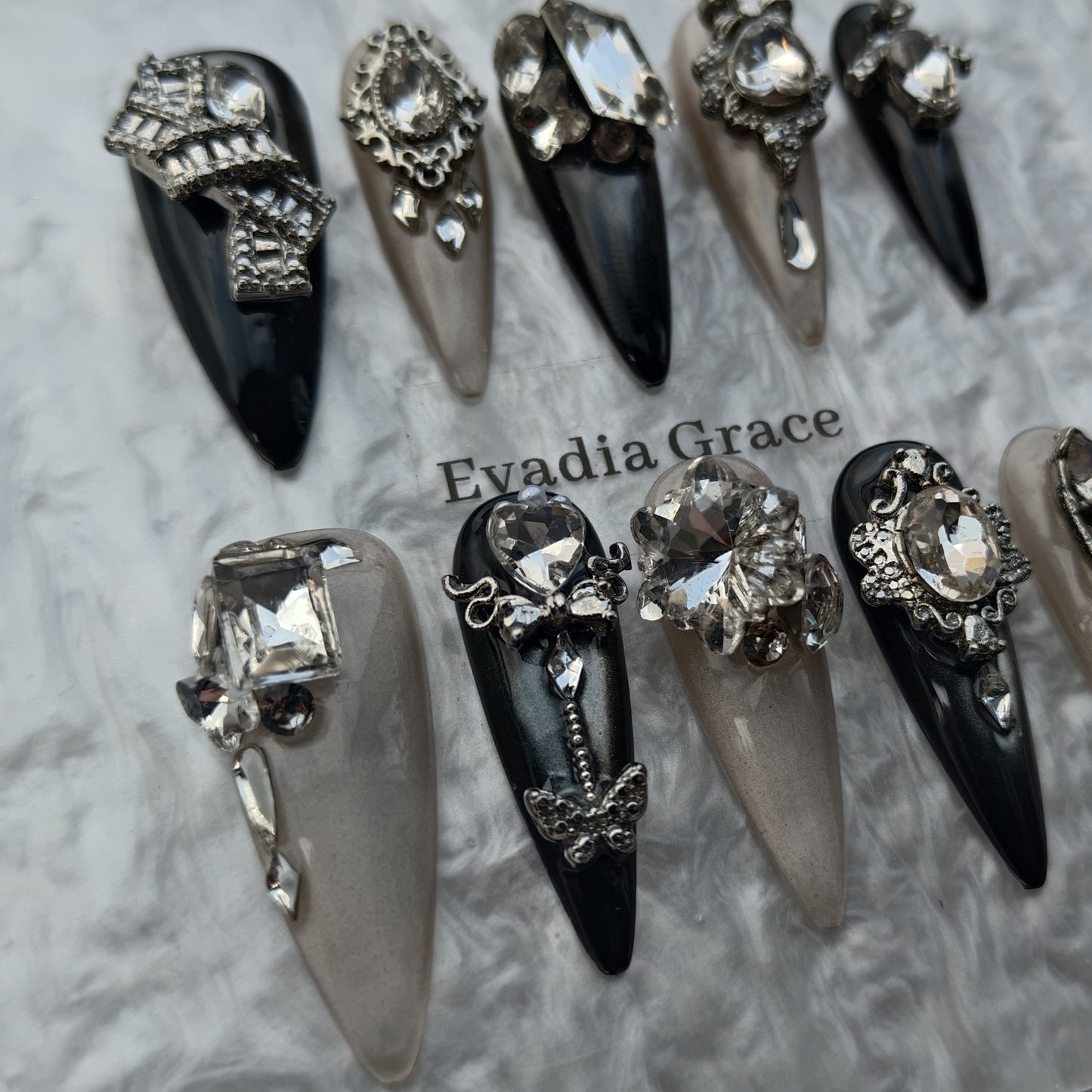 Noir Regalia Luxury Press-On Nails by Evadia Grace – Gothic Black Silver Rhinestone Handmade Reusable Nails