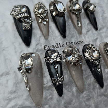 Noir Regalia Luxury Press-On Nails by Evadia Grace – Gothic Black Silver Rhinestone Handmade Reusable Nails