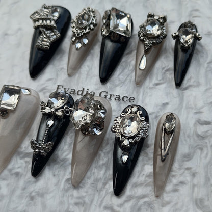 Noir Regalia Luxury Press-On Nails by Evadia Grace – Gothic Black Silver Rhinestone Handmade Reusable Nails