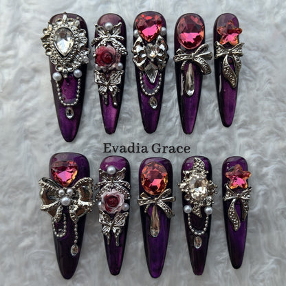 Violet Royalty Crystal Press-On Nails by Evadia Grace – Gothic Purple Rhinestone Handmade Reusable Nails