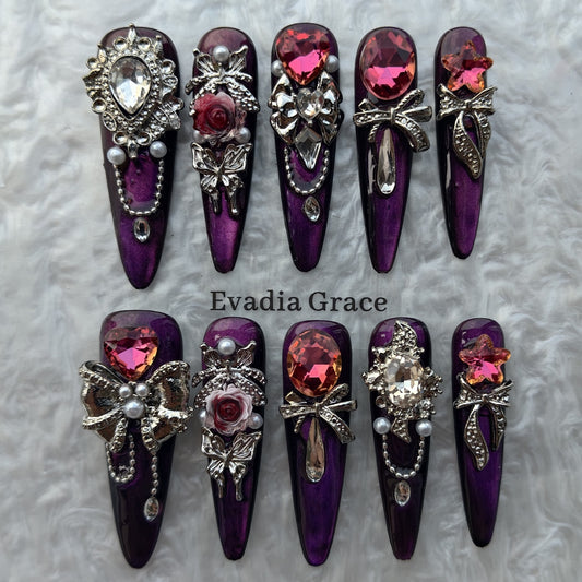 Violet Royalty Crystal Press-On Nails by Evadia Grace – Gothic Purple Rhinestone Handmade Reusable Nails