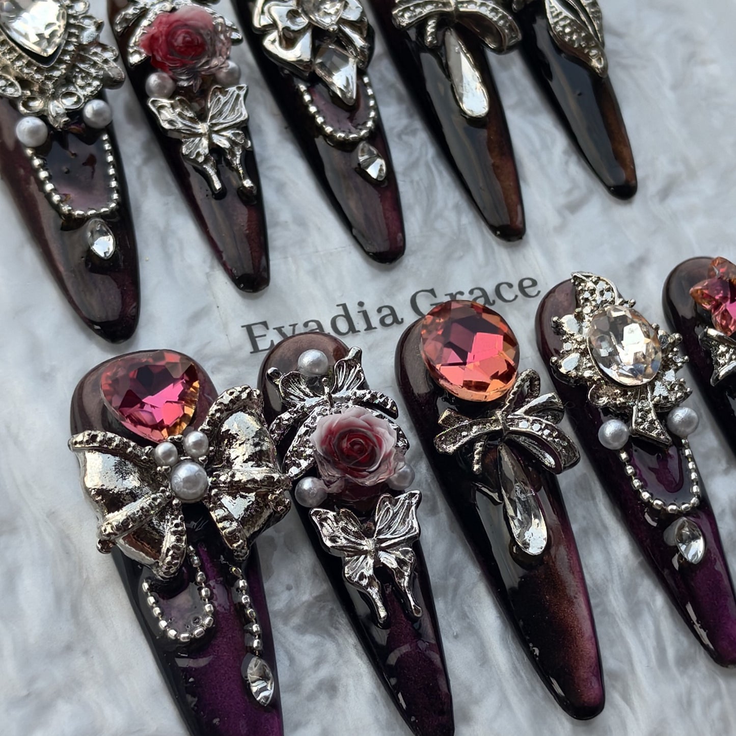 Violet Royalty Crystal Press-On Nails by Evadia Grace – Gothic Purple Rhinestone Handmade Reusable Nails