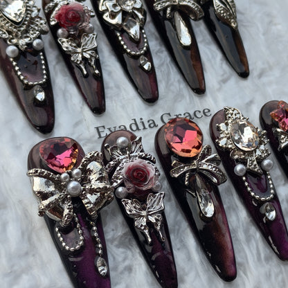 Violet Royalty Crystal Press-On Nails by Evadia Grace – Gothic Purple Rhinestone Handmade Reusable Nails