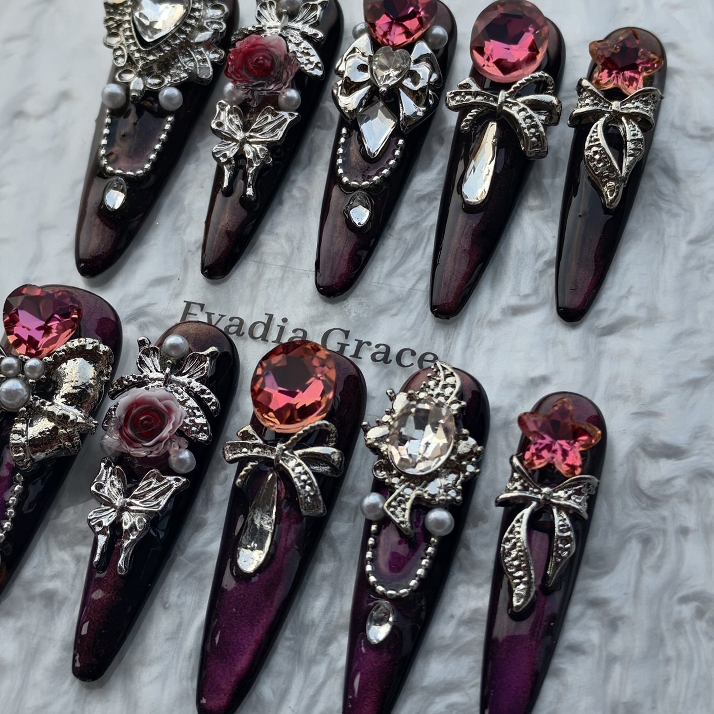 Violet Royalty Crystal Press-On Nails by Evadia Grace – Gothic Purple Rhinestone Handmade Reusable Nails