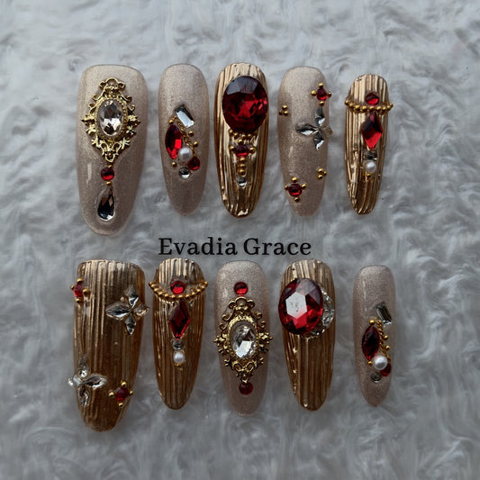 Crimson Regal Gold Press-On Nails by Evadia Grace – Luxury Red Rhinestone Handmade Reusable Nails