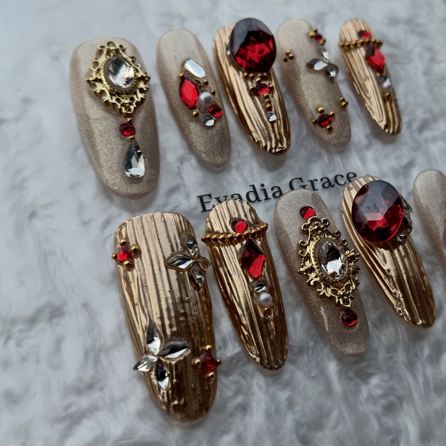 Crimson Regal Gold Press-On Nails by Evadia Grace – Luxury Red Rhinestone Handmade Reusable Nails