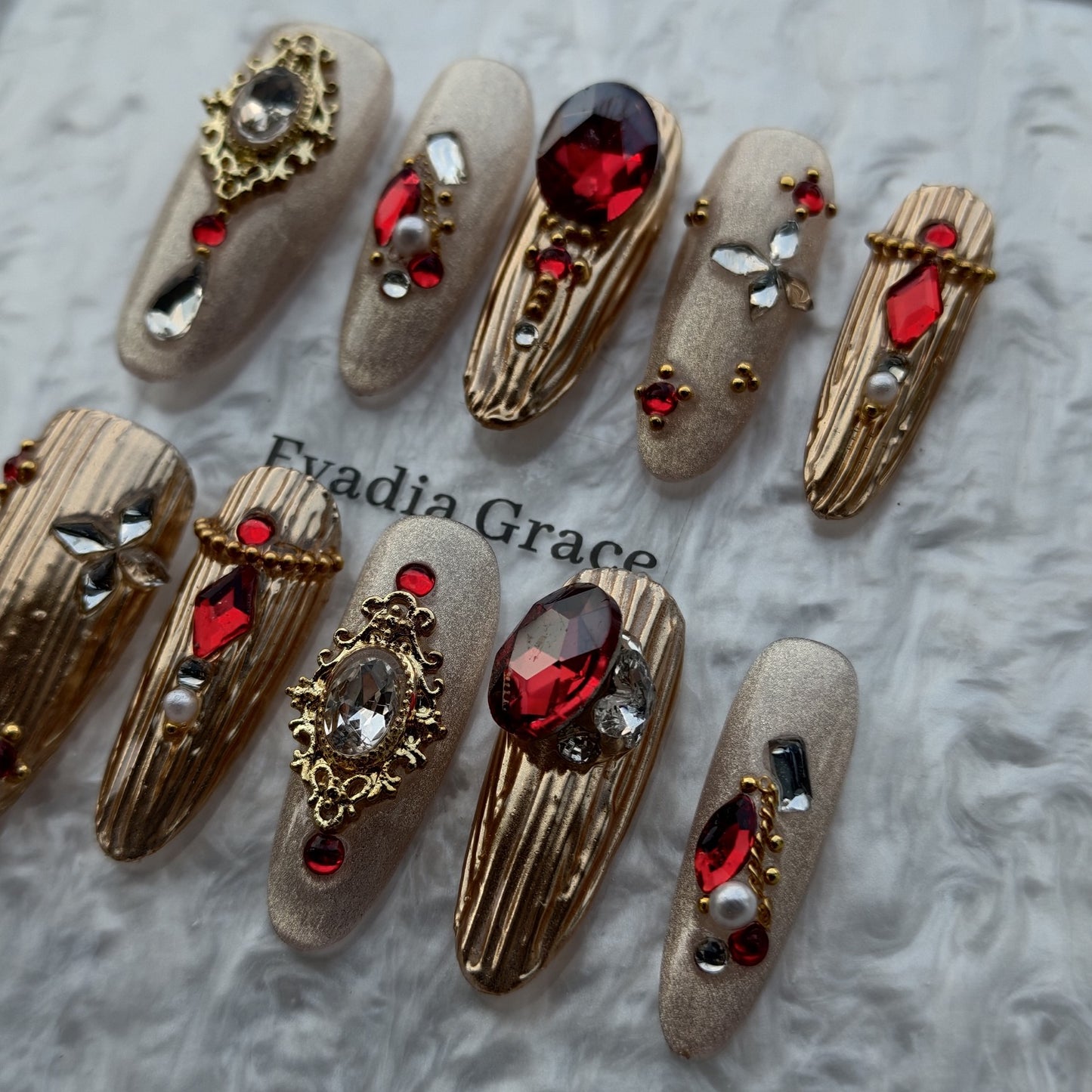 Crimson Regal Gold Press-On Nails by Evadia Grace – Luxury Red Rhinestone Handmade Reusable Nails