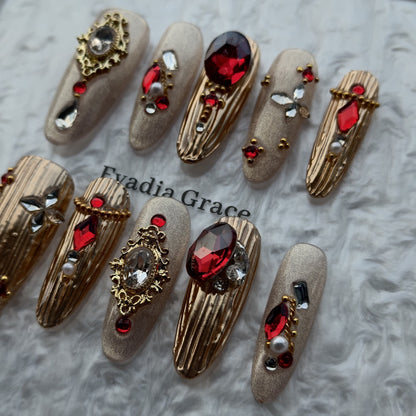 Crimson Regal Gold Press-On Nails by Evadia Grace – Luxury Red Rhinestone Handmade Reusable Nails