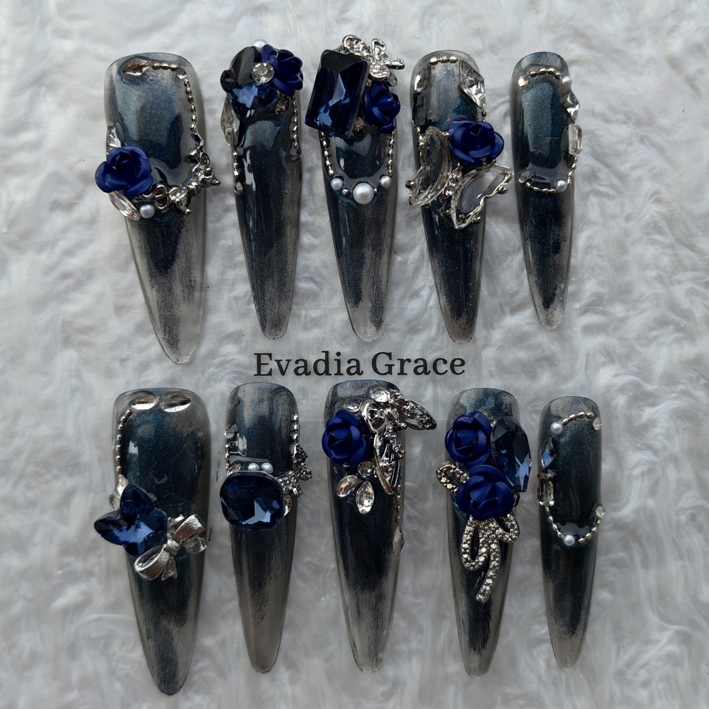 Midnight Sapphire Rose Press-On Nails by Evadia Grace – Gothic Blue Rhinestone Handmade Reusable Nails