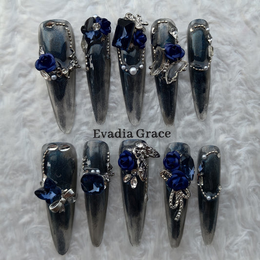 Midnight Sapphire Rose Press-On Nails by Evadia Grace – Gothic Blue Rhinestone Handmade Reusable Nails