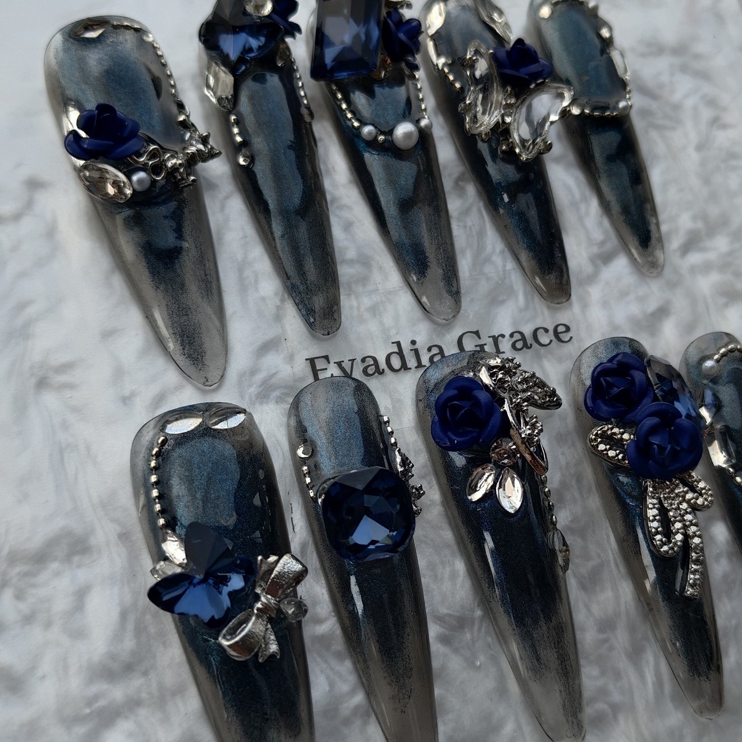 Midnight Sapphire Rose Press-On Nails by Evadia Grace – Gothic Blue Rhinestone Handmade Reusable Nails