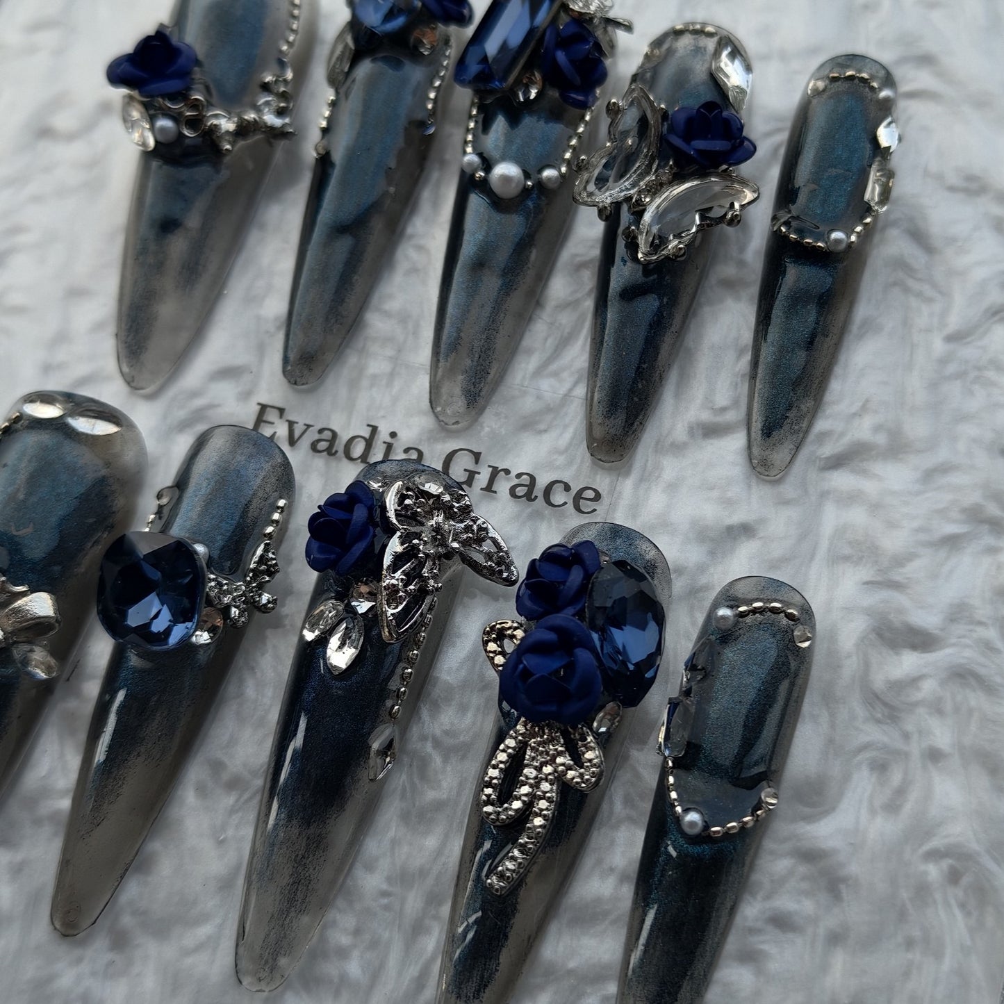 Midnight Sapphire Rose Press-On Nails by Evadia Grace – Gothic Blue Rhinestone Handmade Reusable Nails