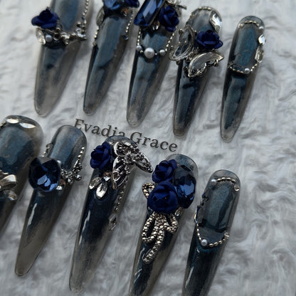 Midnight Sapphire Rose Press-On Nails by Evadia Grace – Gothic Blue Rhinestone Handmade Reusable Nails