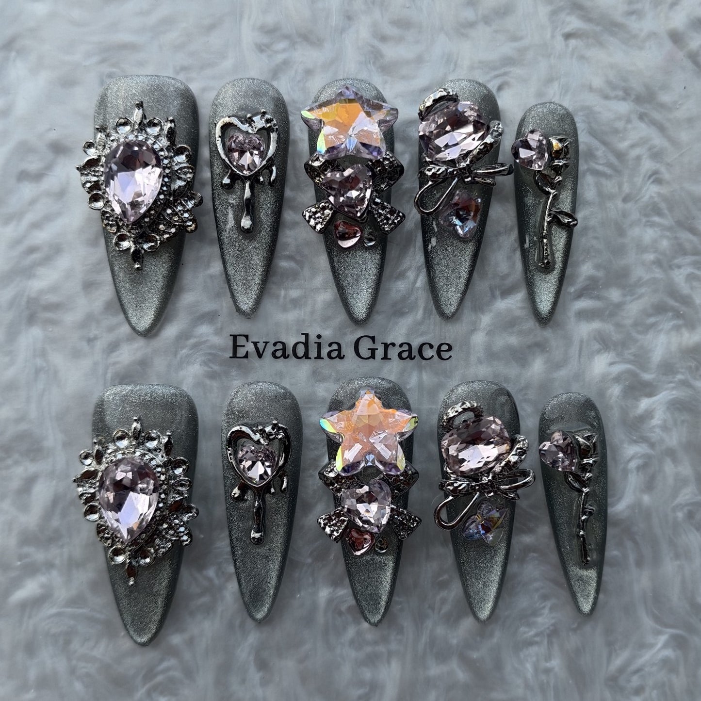 Blush Gothic Heart Star Press-On Nails by Evadia Grace – Pink Rhinestone Handmade Reusable Nails