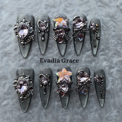 Blush Gothic Heart Star Press-On Nails by Evadia Grace – Pink Rhinestone Handmade Reusable Nails