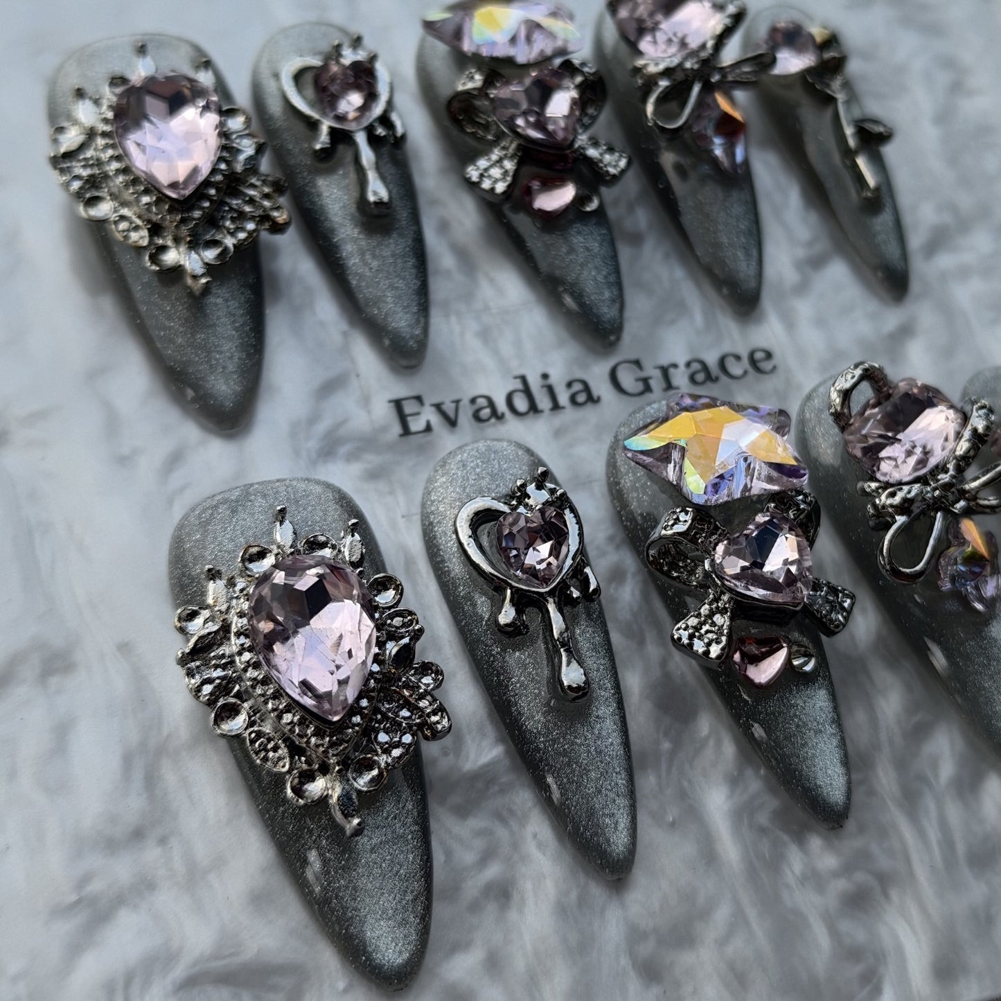 Blush Gothic Heart Star Press-On Nails by Evadia Grace – Pink Rhinestone Handmade Reusable Nails