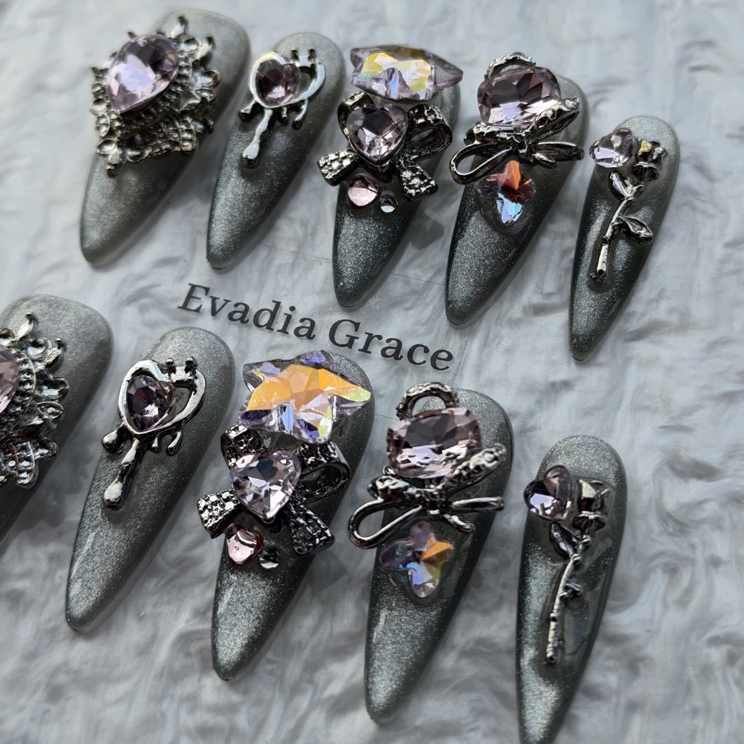 Blush Gothic Heart Star Press-On Nails by Evadia Grace – Pink Rhinestone Handmade Reusable Nails
