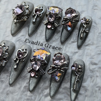 Blush Gothic Heart Star Press-On Nails by Evadia Grace – Pink Rhinestone Handmade Reusable Nails
