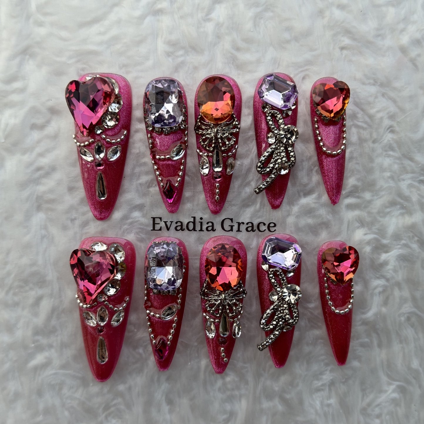 Fuchsia Heart Crystal Press-On Nails by Evadia Grace – Pink Purple Rhinestone Handmade Reusable Nails