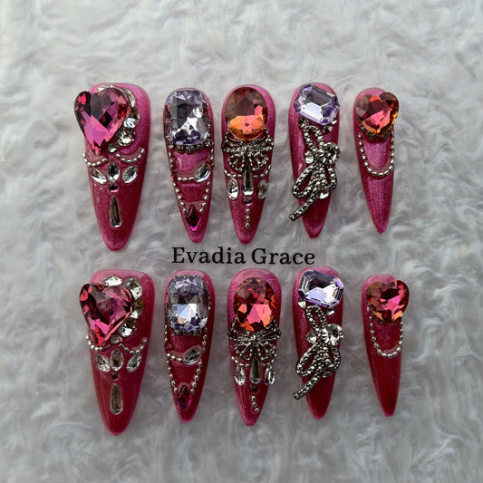 Fuchsia Heart Crystal Press-On Nails by Evadia Grace – Pink Purple Rhinestone Handmade Reusable Nails